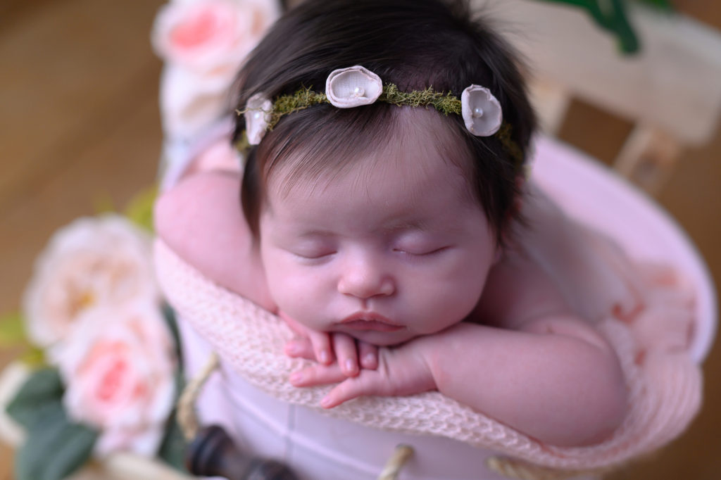 Bebê dentro de um baldinho rosa com flores e plantas | Ensaio Newborn em Caruaru